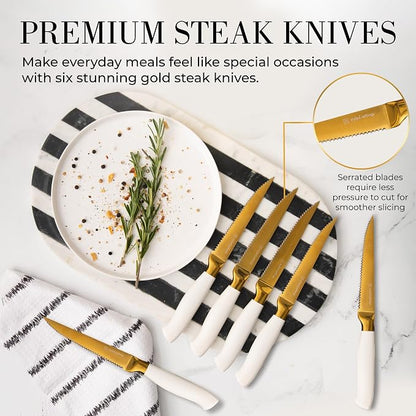 White and Gold Knife Set with Block - 14-Piece White Knife Set with Block and Built-In Sharpener – Titanium-Coated High Carbon Stainless Steel Blades - Gold Kitchen Accessories - Great for Gifting