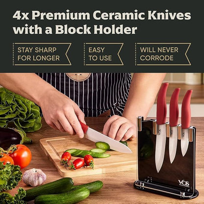 Vos Ceramic Knife Set, Ceramic Knives Set For Kitchen, Ultra Sharp Kitchen Knife Set with Covers, 3" 4" 5" 6" Paring, Santoku, Chef Knife & Utility, Lightweight, Dishwasher safe (Red with Block)