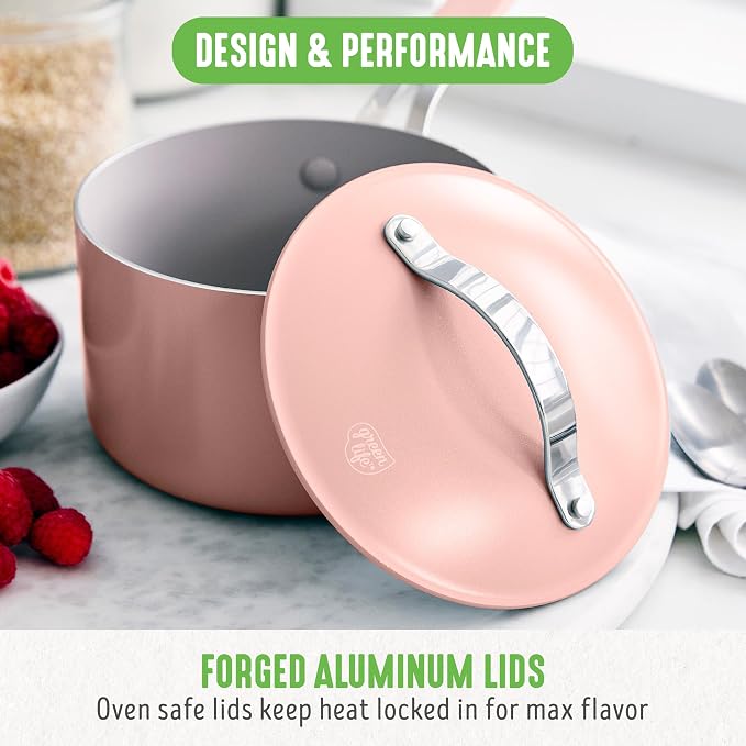 GreenLife 10-Piece Nonstick Ceramic Cookware Set, Lightweight Healthy PFAS-Free Pots & Pans with Lids, Dishwasher & Oven Safe, Durable Body, Silicone Stay-Cool Handles, Easy Release, Pink
