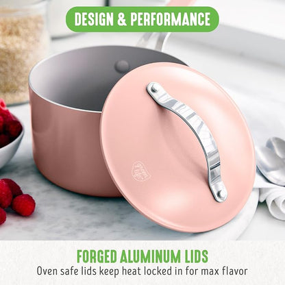 GreenLife 10-Piece Nonstick Ceramic Cookware Set, Lightweight Healthy PFAS-Free Pots & Pans with Lids, Dishwasher & Oven Safe, Durable Body, Silicone Stay-Cool Handles, Easy Release, Pink
