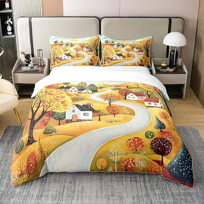 Full Size Comforter Cover Autumn Rustic Farmhouse 100% Cotton Bedding Set Cartoon Landscape Painting Duvet Cover for Bedroom Gifts Maple Leaves Tree Bedding Set 3 PCS,Comforter Not Included