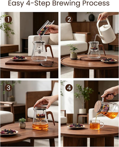 ZENS Magnetic Tea Pot, Enchanted Glass Teapot with Infuser and Magnetic Suction Lid for Mess-Free Loose Tea Diffusers, Walnut Wood Handle, Tea Lovers Gifts