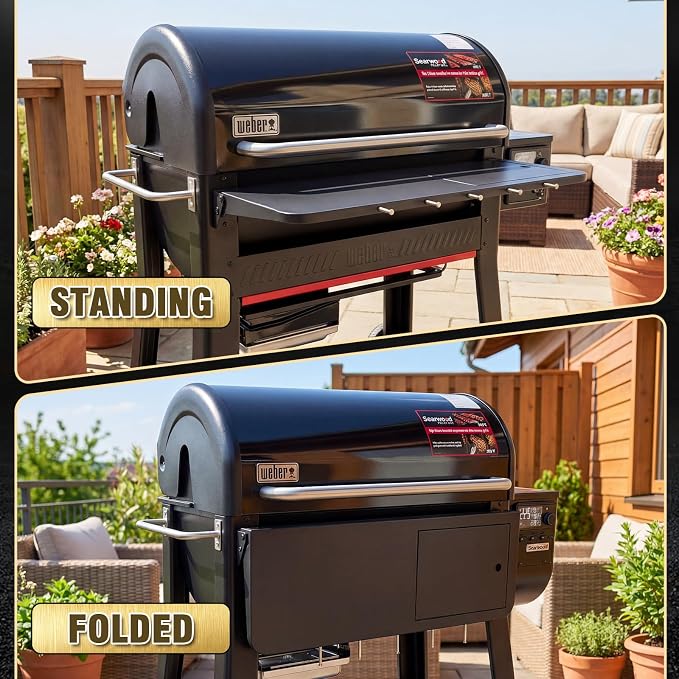Front Folding Grill Table for Weber Searwood XL 600 Pellet Grill, 35" x 12.5" Large Prep Shelf with Stainless Steel Basin, Cutting Board, Lid & 5 Hooks, Heavy-Duty Weber Searwood XL 600 Accessories