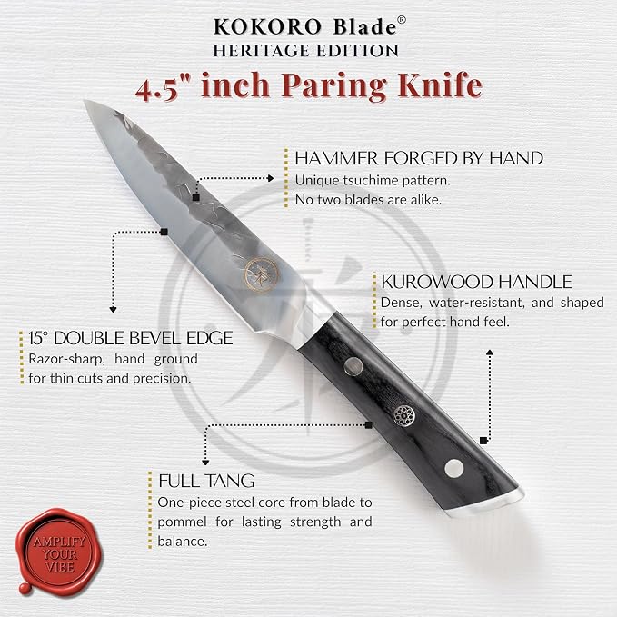 4.5” Professional Paring Knife – Hand Forged Small Kitchen Knife with Dark Wood Handle, Razor Sharp, Full Tang – from British Fusion Atelier KOKORO – A Thoughtful Gift for Cooks and Foodies