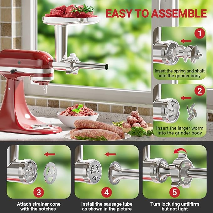 Metal Meat Grinder Attachment For KitchenAid Stand Mixer, Sausage Stuffer, Burger Press, Food Grinder Attachment for Kitchen Aid Accessories and Attachments