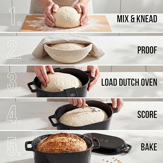 KooK Oval Loaf Shaped Cast Iron Dutch Oven for Bread Baking, 3.4 Qt Sourdough Dutch Oven with Lid, Enameled, Lid Lever, Dual Handles, Dishwasher Safe, 500°F, Sage Ombre