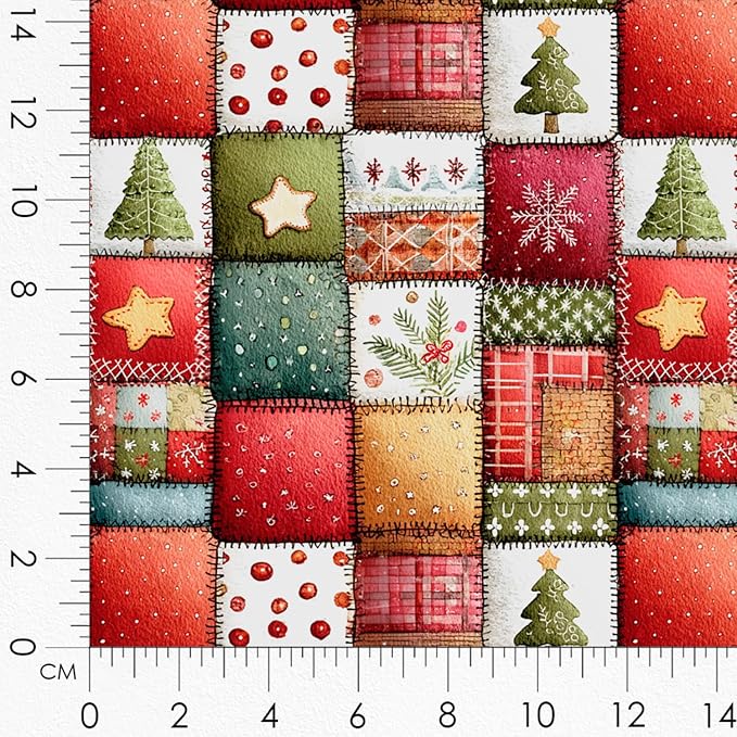 Christmas Patchwork Cotton Fabric Panel – 6 Designs (10×10 inch Each) + Bonus Patchwork Sheet 29.5×19.6 inch, 100% Cotton 140 GSM