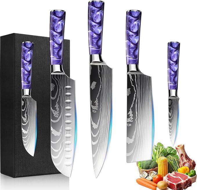 5-Piece Premium Japanese Kitchen Knife Set - Star Collection, Laser Damascus Pattern, 440A Stainless Steel Ultra Sharp for Fast Cutting (Purple 5A)