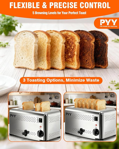 PYY Professional Commercial 6 Slice Toaster - 1800W Stainless Steel Heavy Duty Toaster, 6 Browning Levels, 1.1" Wide Slots, Removable Crumb Tray for Bagels Bread Waffles (Commercial & Home Use)