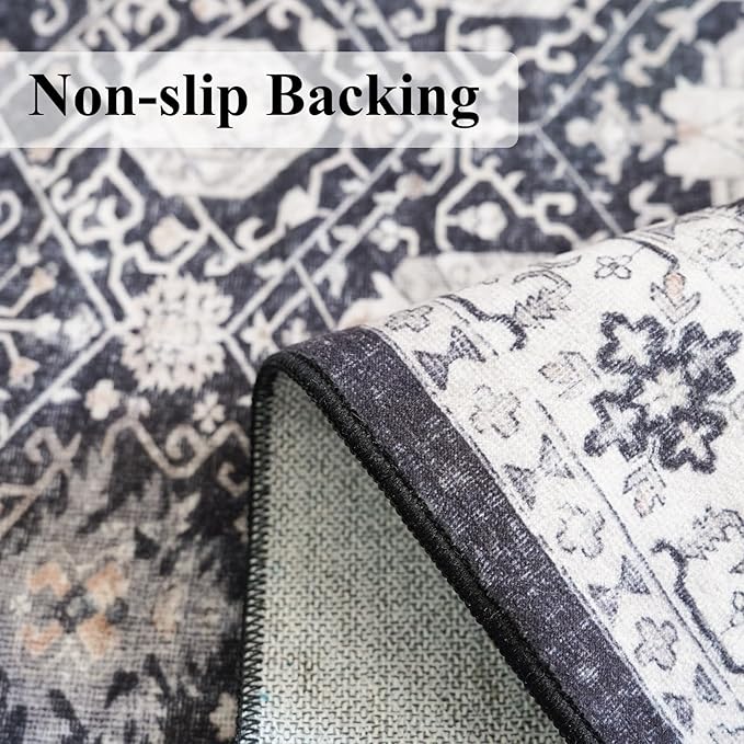 Washable 2x3 Entryway Area Rug: Vintage Soft Thin Door Mat with Non Slip Backing Water Resistant Carpet for Bedroom Low Pile Floor Mat for Kitchen Bathroom Easy Clean Rug for Family (2 X 3, Black)
