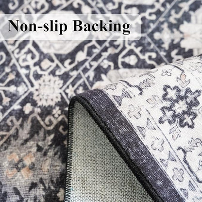 Washable 2x3 Entryway Area Rug: Vintage Soft Thin Door Mat with Non Slip Backing Water Resistant Carpet for Bedroom Low Pile Floor Mat for Kitchen Bathroom Easy Clean Rug for Family (2 X 3, Black)