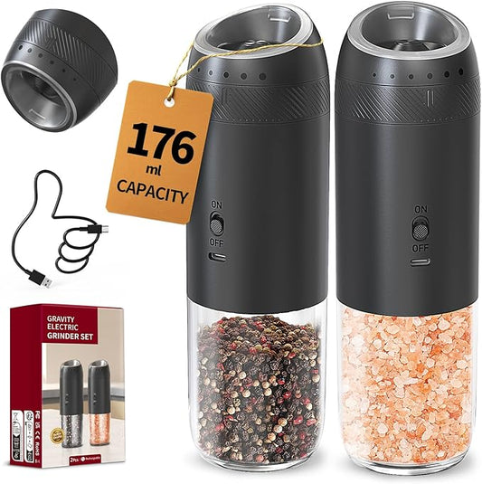 CIRCLE JOY Rechargeable Electric Salt and Pepper Grinder Set with Base, Automatic Pepper Mills with 110ml Container, External Adjustable Coarseness, White Led Light and One-Handed Operation, Black
