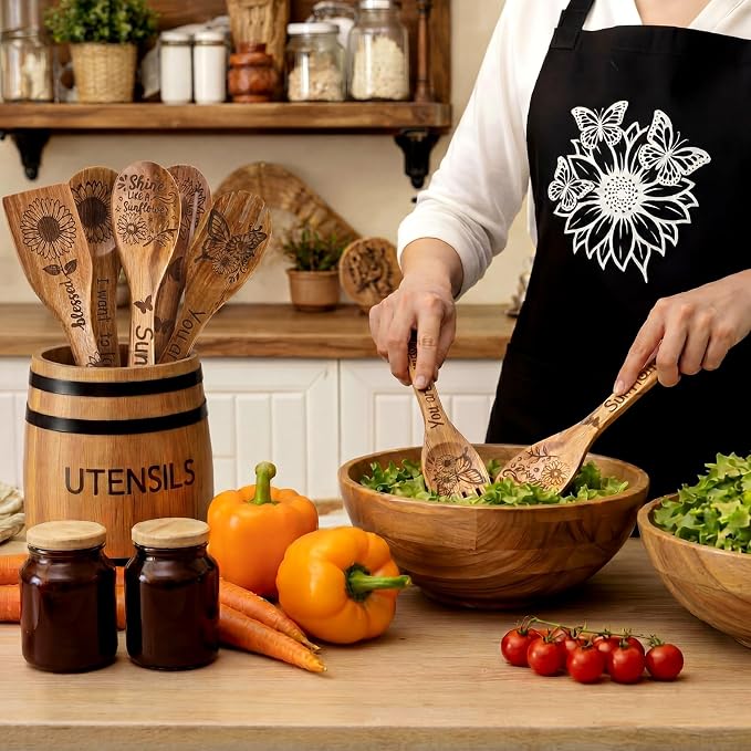 Remerry 6 Pcs Sunflower Gifts for Women Sunflower Kitchen Gift Set with Acacia Cooking Spoons Apron Kitchen Cooking Utensils Set for Mother's Day Housewarming Gift