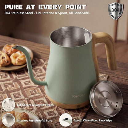 Electric Kettle, Electric Tea Kettle Stainless Steel, Gooseneck Electric Kettle, 1000W Hot Water Kettle Electric Auto Shut Off, 0.8L, Wood-like Grain Finish Handle, Light Green