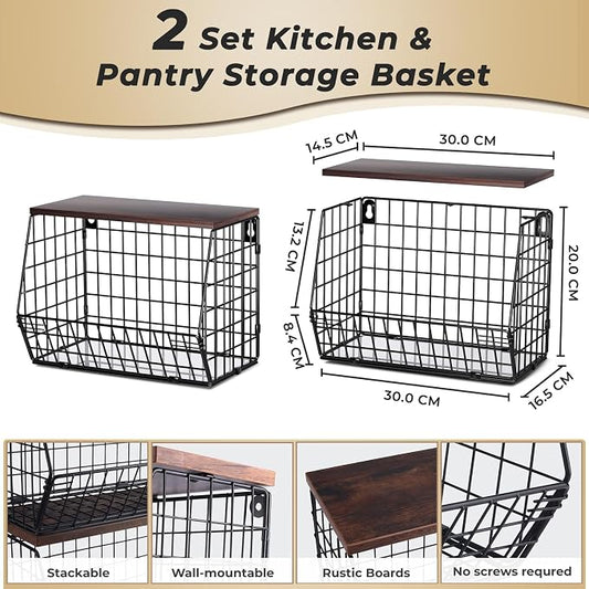 Mefirt 2pcs Fruit Basket Kitchen Storage Basket with Wood Lid, Stackable Wall Basket Fruit Basket for Kitchen, Countertop Organizer for Snack, Fruit and Veggie Storage, 11.8 x 7.9 x 8.5 Inch