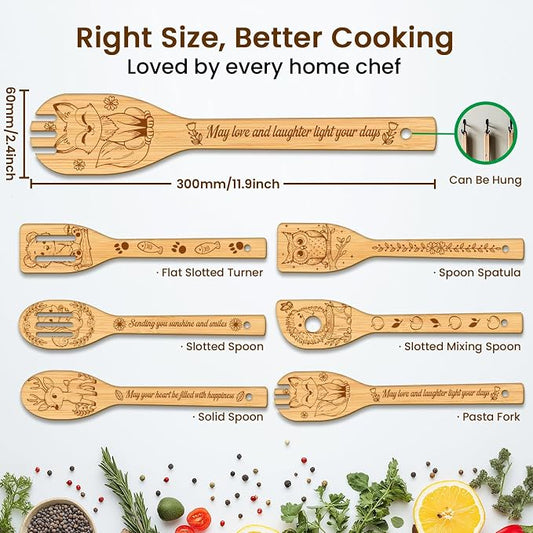 CUTHOLLOW 6PCS Forest Animal Wooden Kitchen Cooking Utensil Set, 11.9in Non Toxic Bamboo Wood Spoon Set for Cooking, Best Housewarming Birthday Thanksgiving Christmas Gift for Women Mother