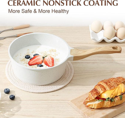 SENSARTE White Ceramic Nonstick Saucepan with Lid 1.5 Quarts, Small Cooking Pot with Stay Cool Handle, Induction Compatible Saucepot, White Granite Coating, Free of Intentionally Added PTFE/PFOA/PFAS