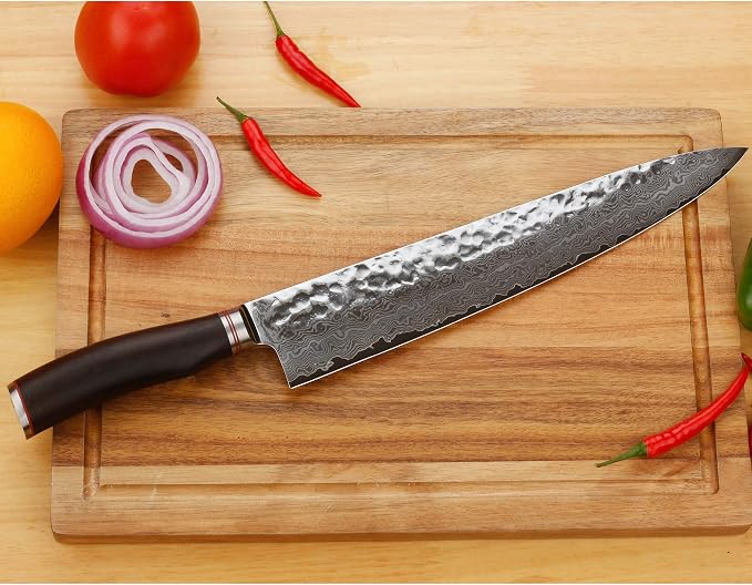 YOUSUNLONG Gyuto 10 inch Pro Chef's Knives Japanese Hammered Damascus Natural Leadwood Handle with Leather Sheath