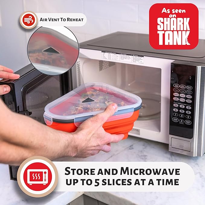 PIZZA PACK The Perfect Reusable Pizza Storage with 5 Microwavable Serving Tray - BPA-Free Adjustable Pizza Slice Container Space Saver, 2 Pack, Red