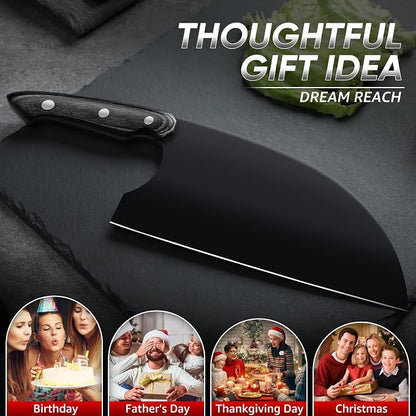 Dream Reach Serbian Chef Knife - Full Tang Butcher Cleaver for Meat Vegetables, Hand Forged Black Chopping Knife for Kitchen Birthday Mother Father Gift Idea