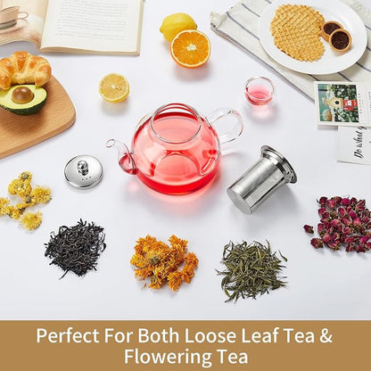 DOPUDO 40OZ (1200ML) Glass Teapot with Infuser Stovetop Safe, Clear Glass Tea Pot Kettle, Borosilicate Tea Pot with Infusers Filter for Loose Tea, Tea Kettle Dishwasher Safe.