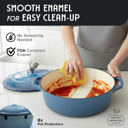 MUELLER HOME 5.5 Quart Enameled Cast Iron Oval Dutch Oven w Rooster Knob & Cotton Potholders, Heavy-Duty Cookware, Oven-Safe up to 500° F & Across All Cooktops, Gifts for Grandma & Women, Mineral Blue