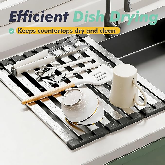 Roll Up Dish Drying Rack Over The Sink, Stainless Steel Collapsible Dish Drainer Rack for Kitchen Sink, Non-Slip Heat Resistant Space Saving Sink Drying Rack, 17.7" x 12.8"