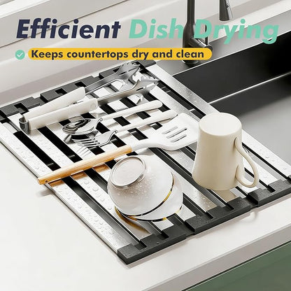 Roll Up Dish Drying Rack Over The Sink, Stainless Steel Collapsible Dish Drainer Rack for Kitchen Sink, Non-Slip Heat Resistant Space Saving Sink Drying Rack, 17.7" x 12.8"
