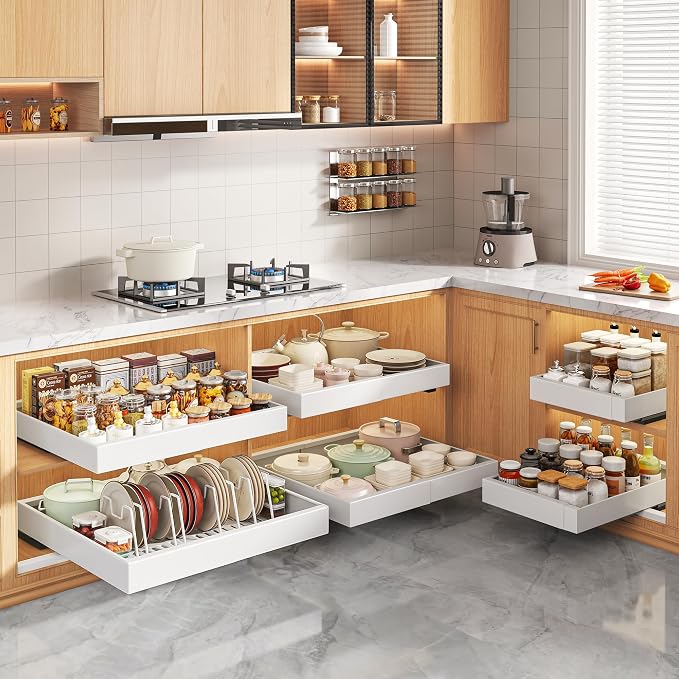 Seinloes 4Pack Expandable Pull Out Cabinet Organizer 21"Deep with Raising Pad for Framed Cabinets,Slide Out Drawers with 4pcs Divider Racks,Roll Out Shelves Adhesive,Adjustable Width 12.05"-20.4"White