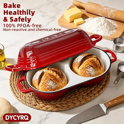 Dutch Oven For Sourdough Bread Baking – Enameled Cast Iron Dutch Oven Pot with Lid, Double Bread Loaf Pan – 500°F Oven Safe Non Stick Bread Pot for Homemade Bread, Meatloaf, Cake–Round Loaf Space, Even Heating– Red