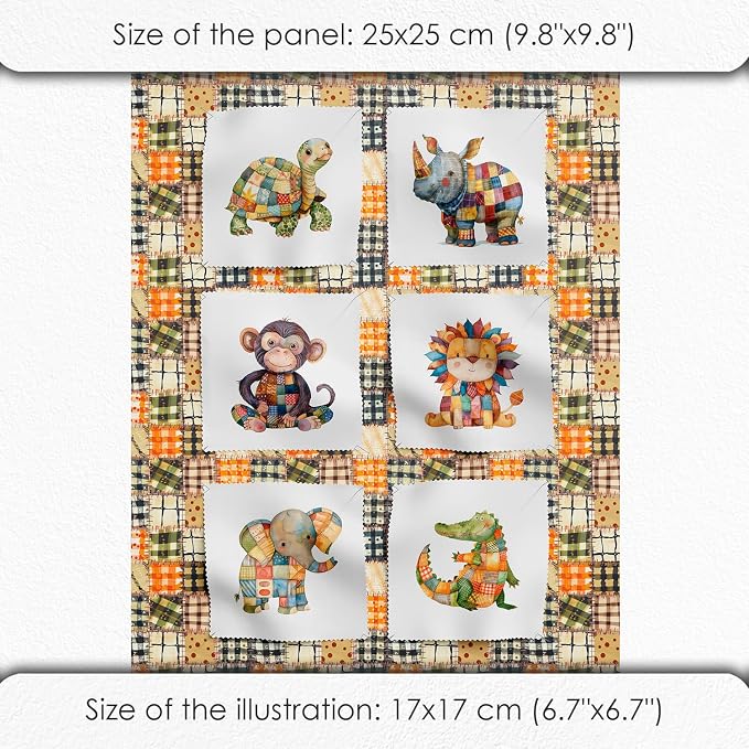 Cotton Fabric Panel – Single Continuous Patchwork Animal Panel with 6 Printed Squares (9.8” x 9.8”), Bonus Patchwork Area 29.5” x 19.7” – 100% Cotton Satin Fabric for Quilting, Sewing & Kids Crafts
