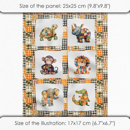 Cotton Fabric Panel – Single Continuous Patchwork Animal Panel with 6 Printed Squares (9.8” x 9.8”), Bonus Patchwork Area 29.5” x 19.7” – 100% Cotton Satin Fabric for Quilting, Sewing & Kids Crafts