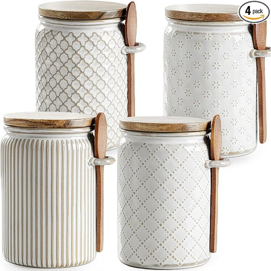 getstar Small Canisters Sets for the Kitchen, 18 oz Sugar Coffee Tea Storage Containers, Ceramic Kitchen Canisters for Countertop Set of 4 with Airtight Lids and Teaspoons