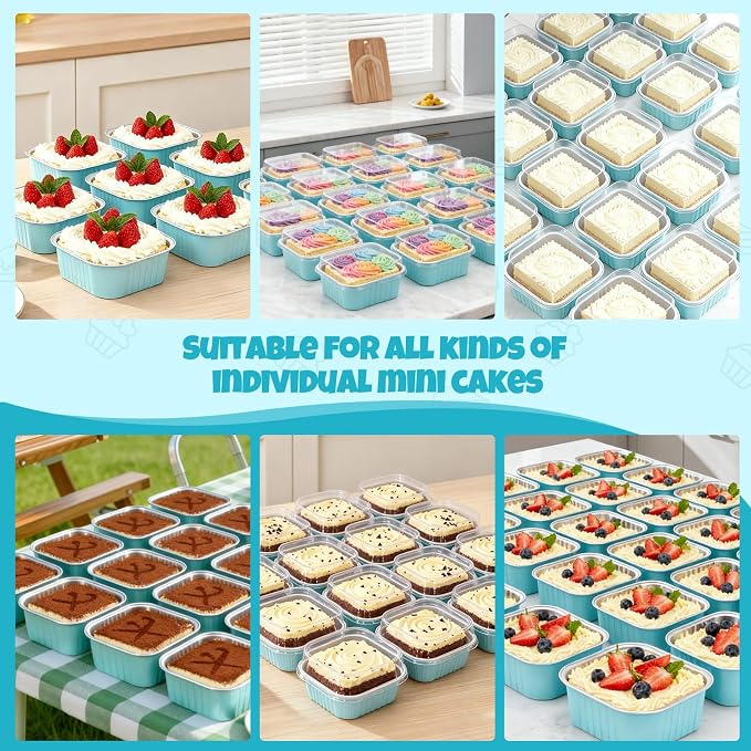 20 Pack 10oz Mini Cake Pans With Lids, Aluminum Foil Square Brownie Baking Cups,Disposable 4”x4” Large Cupcake Pan,Jumbo Muffin Tin Ramekins Holders-Blue