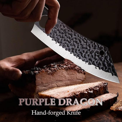 Purple Dragon Kitchen Knife 8 Inch Ultra Sharp Japanese Butcher Knife for Meat Cleaver Vegetable Cutting with Finger Hole Hand Forged High Carbon Steel Chef Knives Christmas Gift for Men and Women