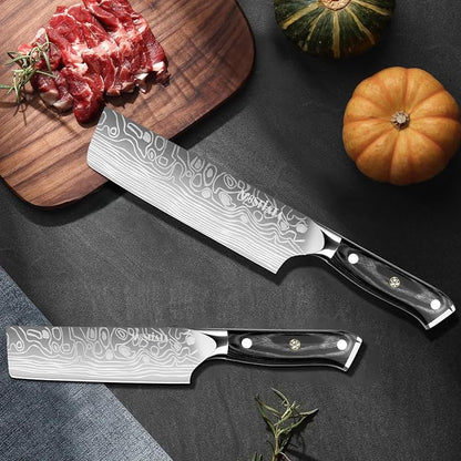 MOSFiATA Nakiri Kitchen Knife, 7”&5.5" Chef Knife Set, Ultra Sharp German Stainless Steel Cleaver Cooking Knife with Ergonomic Handle Gift Box