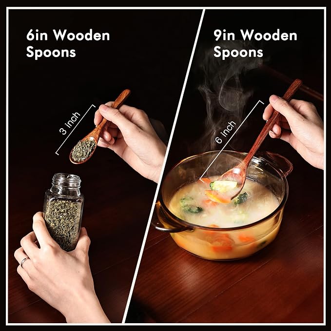 Wooden Spoons Set - 12pcs (6pcs 9in & 6pcs 6in), for Eating, Mixing, Stirring, Coffee, Tea, Jam, Bath Salts