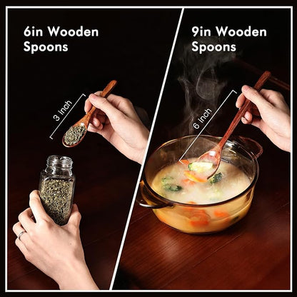Wooden Spoons Set - 12pcs (6pcs 9in & 6pcs 6in), for Eating, Mixing, Stirring, Coffee, Tea, Jam, Bath Salts