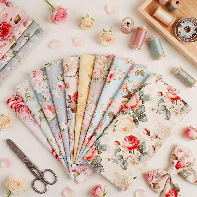 Tatuo 30 Pieces 10 x 10 Inches Rose Floral Cotton Fabric Bundle Squares Patchwork Floral Fabric Sewing Quilting Bundles Assorted Pattern Cloth for DIY Scrapbook Craft Making