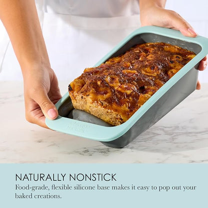 Chicago Metallic Silicone Loaf Pan, 9x5 Inch Nonstick Bread Pan for Baking, Wire-Reinforced Rim, Oven Safe to 428F, Flexible Bakeware for Bread, Meatloaf, and More, Blue
