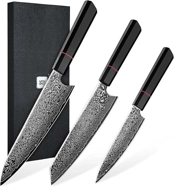 TIVOLI Damascus Knife Set 3PCS - VG10 Japanese Kitchen Knife - Ultra Sharp Chef Knives Set With Octagonal Handle，Professional Cooking Knives for Meat Vegetable Fruit, Christmas Gift for Mom Dad