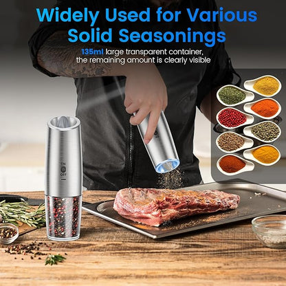 MealHelper Rechargeable Gravity Electric Salt and Pepper Grinder Set with LED Light, Type-C Fast Charging, Adjustable Coarseness, Large Capacity Grinder for Kitchen & Outdoor, (2 Pack-Stainless Steel)