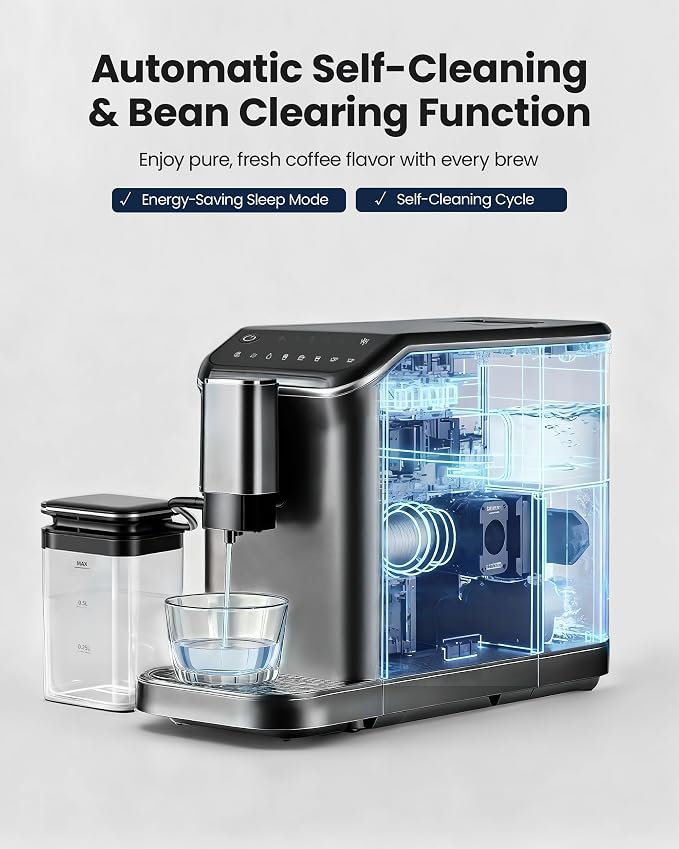 Fully Automatic Espresso Machine, 20 Bar Coffee Maker with Grinder & Milk Frother, Touchscreen Automatic Coffee Machine with 15 Grind Settings for Espresso, Latte & Cappuccino