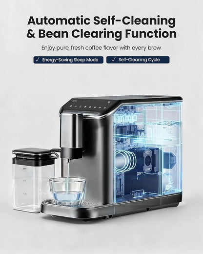 Fully Automatic Espresso Machine, 20 Bar Coffee Maker with Grinder & Milk Frother, Touchscreen Automatic Coffee Machine with 15 Grind Settings for Espresso, Latte & Cappuccino