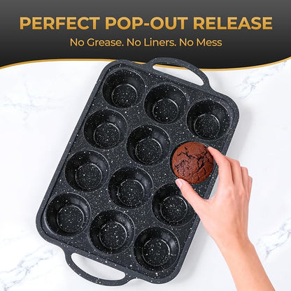 12-Cup Silicone Muffin Pans for Baking, Black with White Dots, Non-Stick with Reinforced Steel Frame for Stability, BPA-Free Bakeware