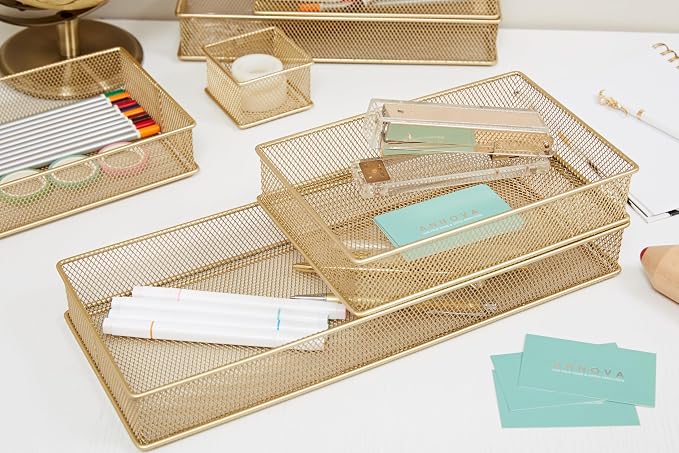 Annova Mesh Stackable Drawer Cabinet and Shelf Organizer Bins Storage Basket School Office Supply Holder Tray- Set of 2 (Gold, 6x12x2 Inch)