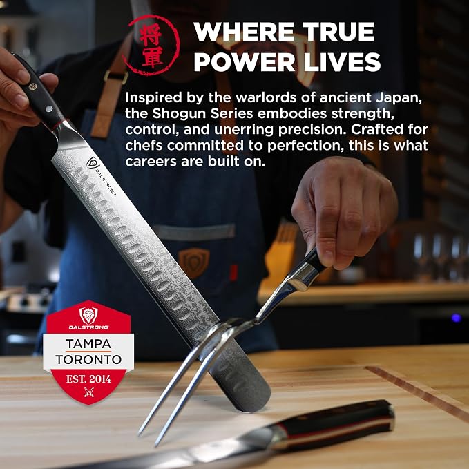 Dalstrong Slicing Carving Knife 12" + Fillet Knife 6" + Meat Fork - Shogun Series ELITE - Japanese AUS-10V Super Steel - Premium Carving Set - Black G10 Handle - Sheaths Included