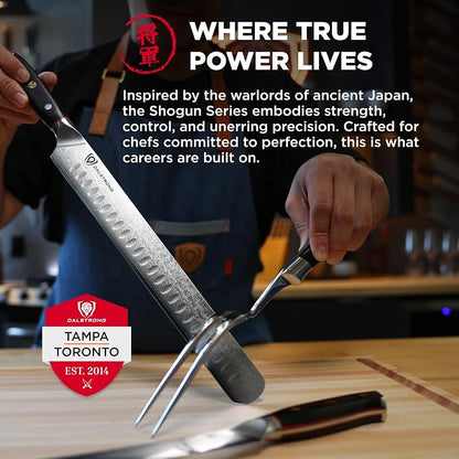 Dalstrong Slicing Carving Knife 12" + Fillet Knife 6" + Meat Fork - Shogun Series ELITE - Japanese AUS-10V Super Steel - Premium Carving Set - Black G10 Handle - Sheaths Included