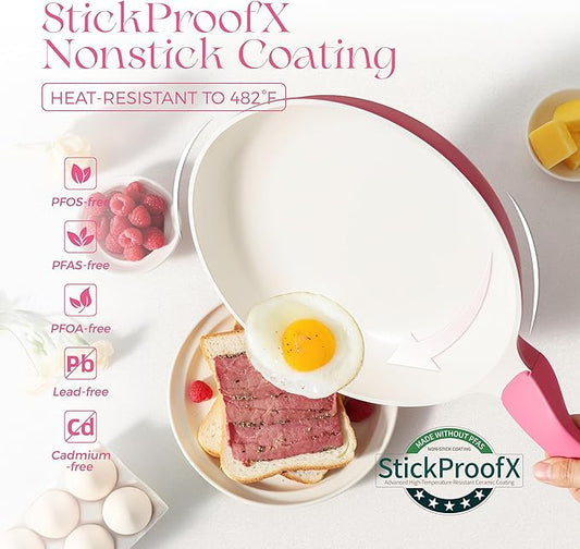 PRICUSIS Nonstick Ceramic Frying Pan, 8/10 Inch Skillet with Stay Cool Handle, Fully Coated, Induction Compatible, 100% Dishwasher Safe, PTFE PFAS & PFOA Free（8 Inch, Raspberry Red）