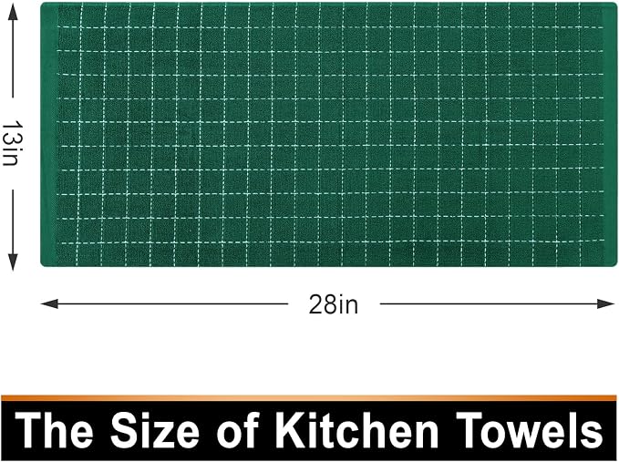 Mordimy 100% Cotton Terry Cloth Kitchen Towels, Super Soft and Absorbent Dish Towels for Drying, Checkered Designed Hand Towels for Kitchen, 13 x 28 Inches, 4 Pack, Dark Green